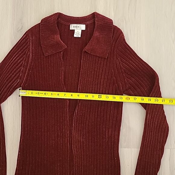 Kikit Red Open Front Cardigan Sweater Medium Collar Women's Ribbed Knit Women's - Picture 3 of 4